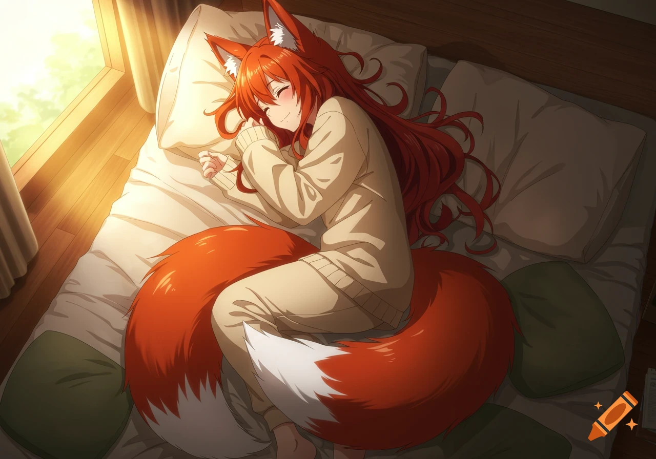 Anime fox girl with red hair, ears, and tail, sleeping peacefully in a sunlit bed, hugging her tail.