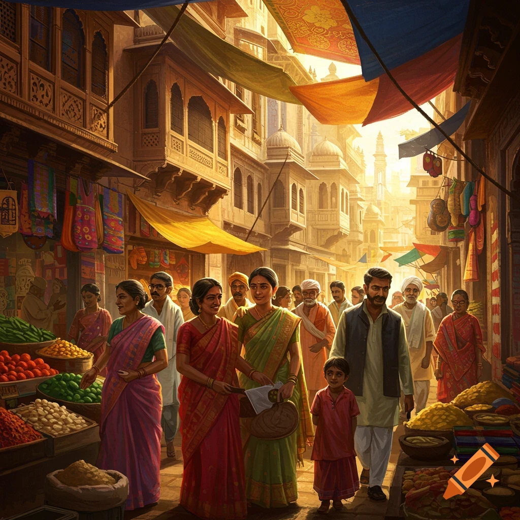 A vibrant, crowded market street in an old city, with people in traditional clothing walking past stalls laden with goods and ornate buildings under colorful awnings.