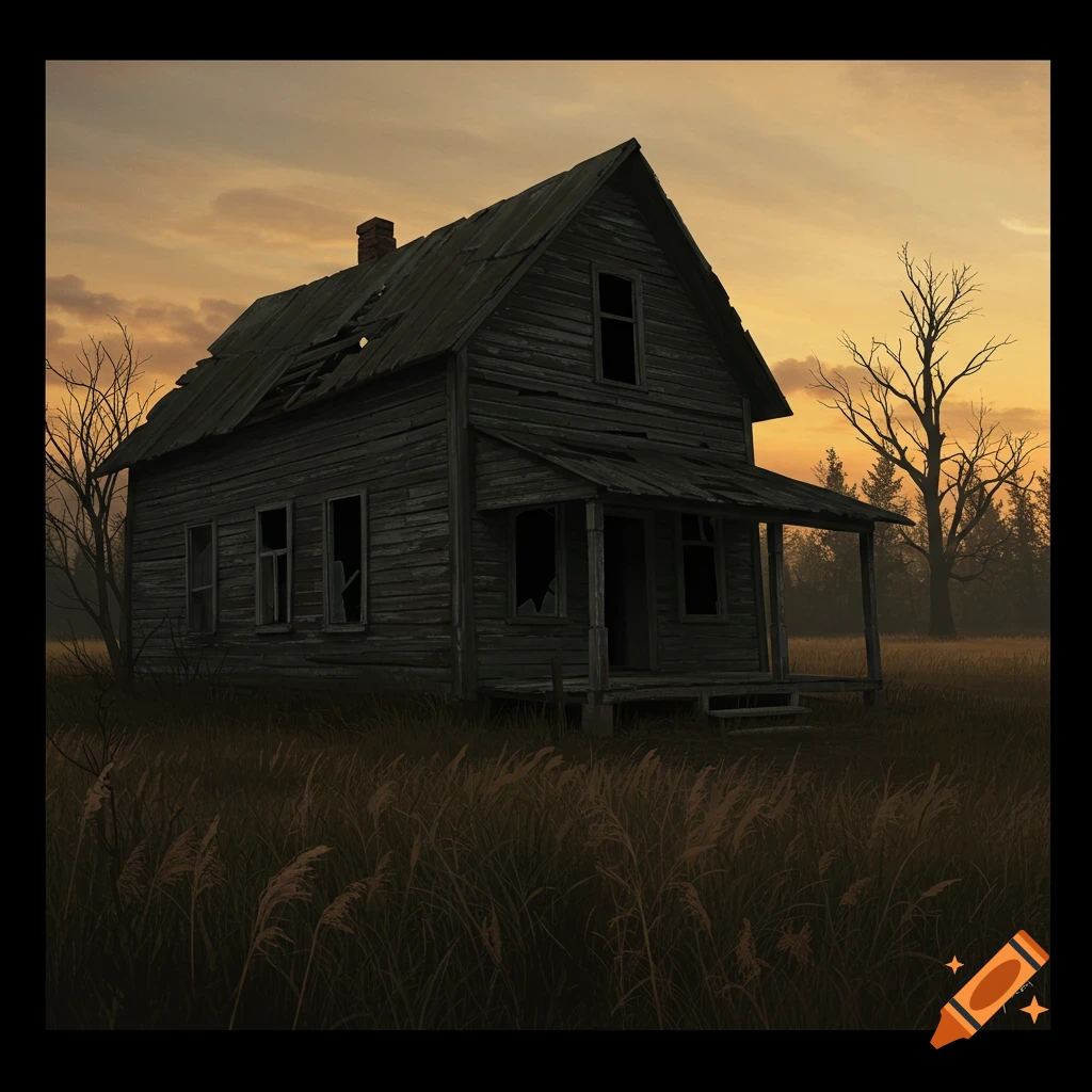 Dilapidated wooden house with broken windows in a grassy field at sunset with barren trees, digital painting.