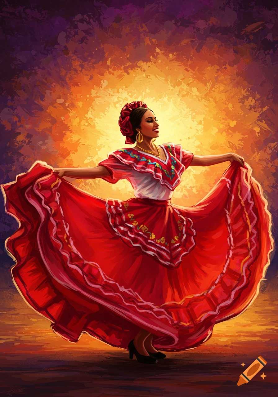Abstract painting of a Mexican woman in a flowing red dress dancing against a warm, colorful background.