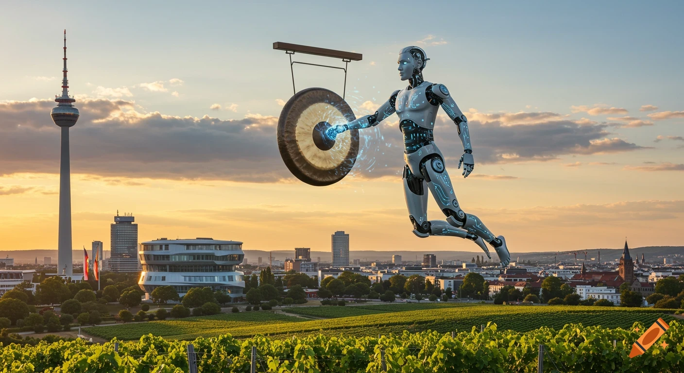 A futuristic humanoid robot in mid-air, hitting a large gong over a photorealistic cityscape with a TV tower, modern buildings, and vineyards at sunset.