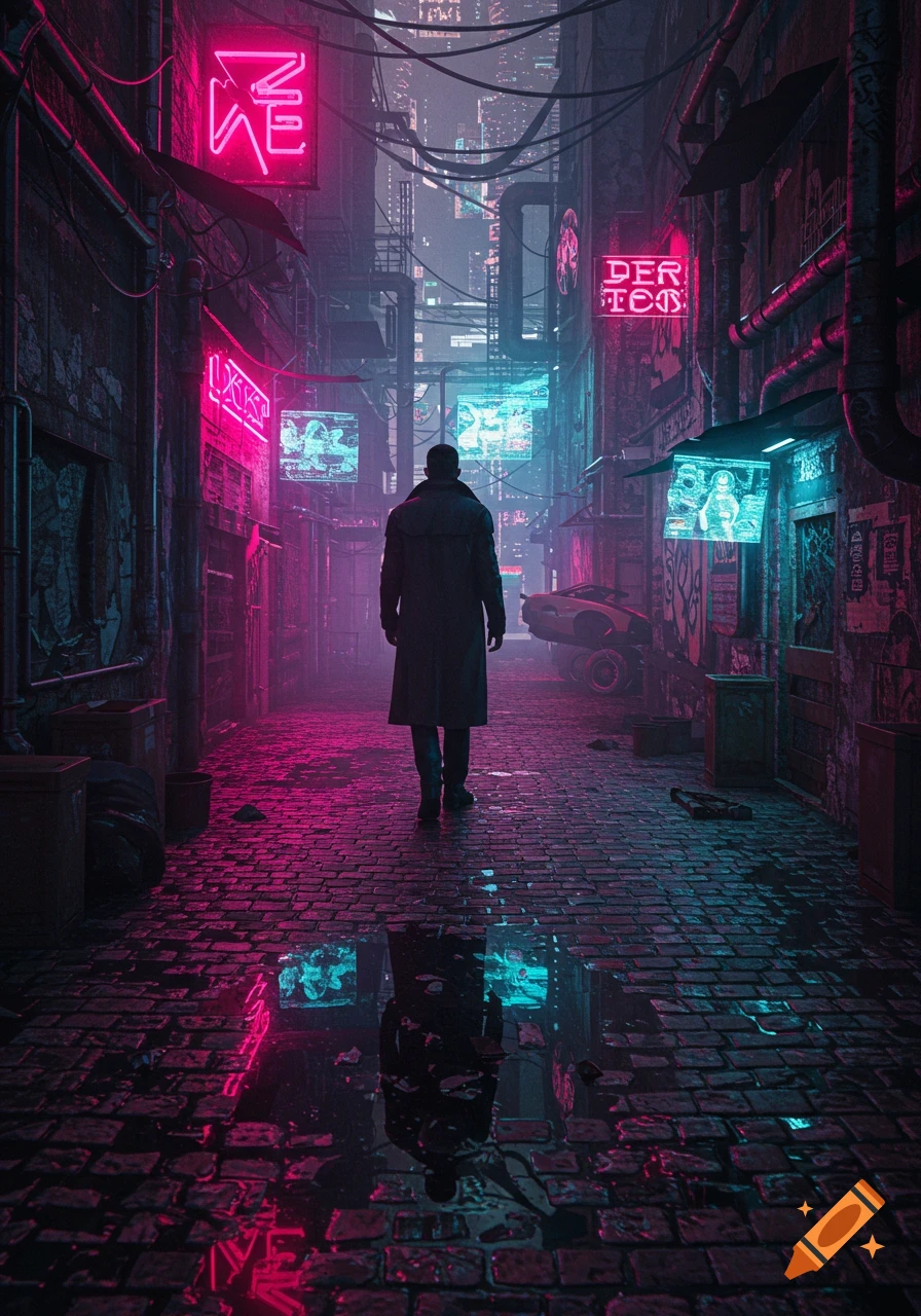 A man in a trench coat walks through a dark, wet cyberpunk alleyway illuminated by pink and blue neon signs. A futuristic car is in the background.