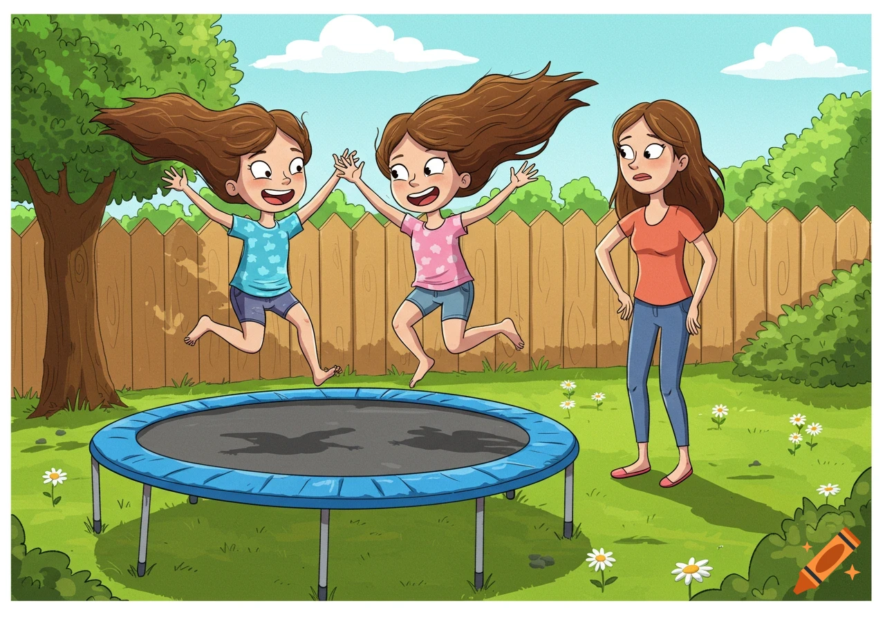 Two cartoon girls jump on a trampoline as their mother watches in a backyard.