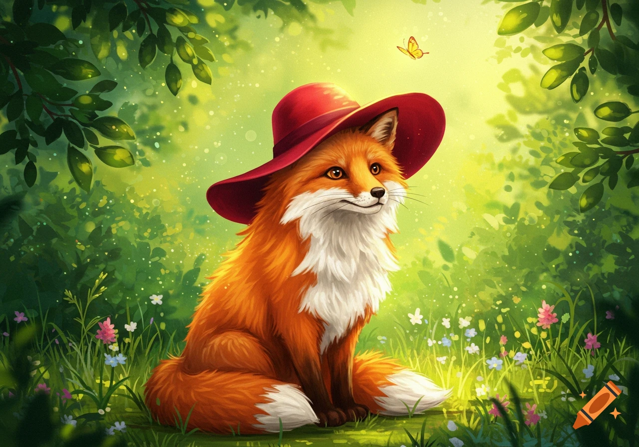 A cute fox in a red hat sits in a vibrant, lush green forest with small flowers and a butterfly. Illustrated style.