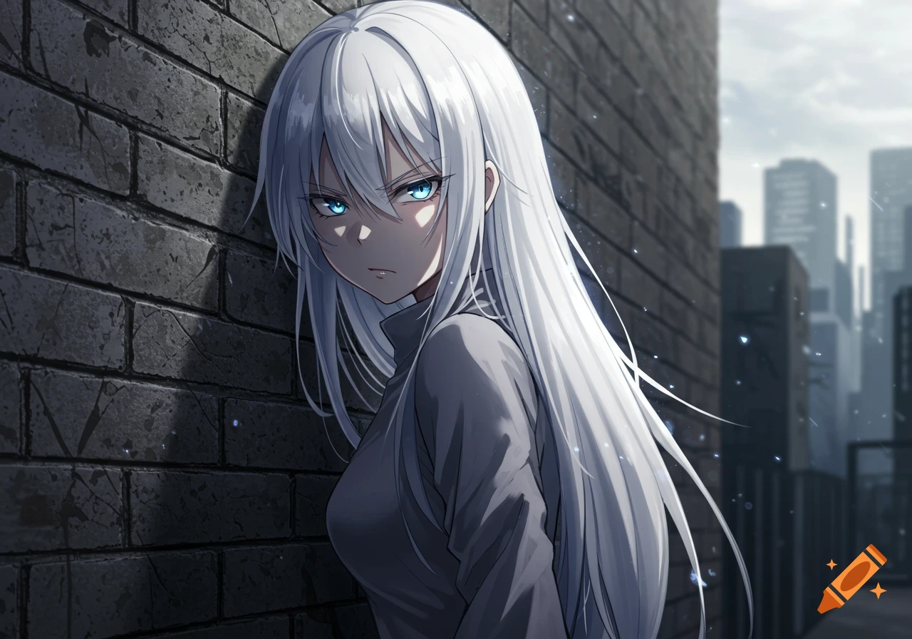 Anime girl with long white hair and glowing blue eyes, leaning against a dark brick wall in an urban setting.