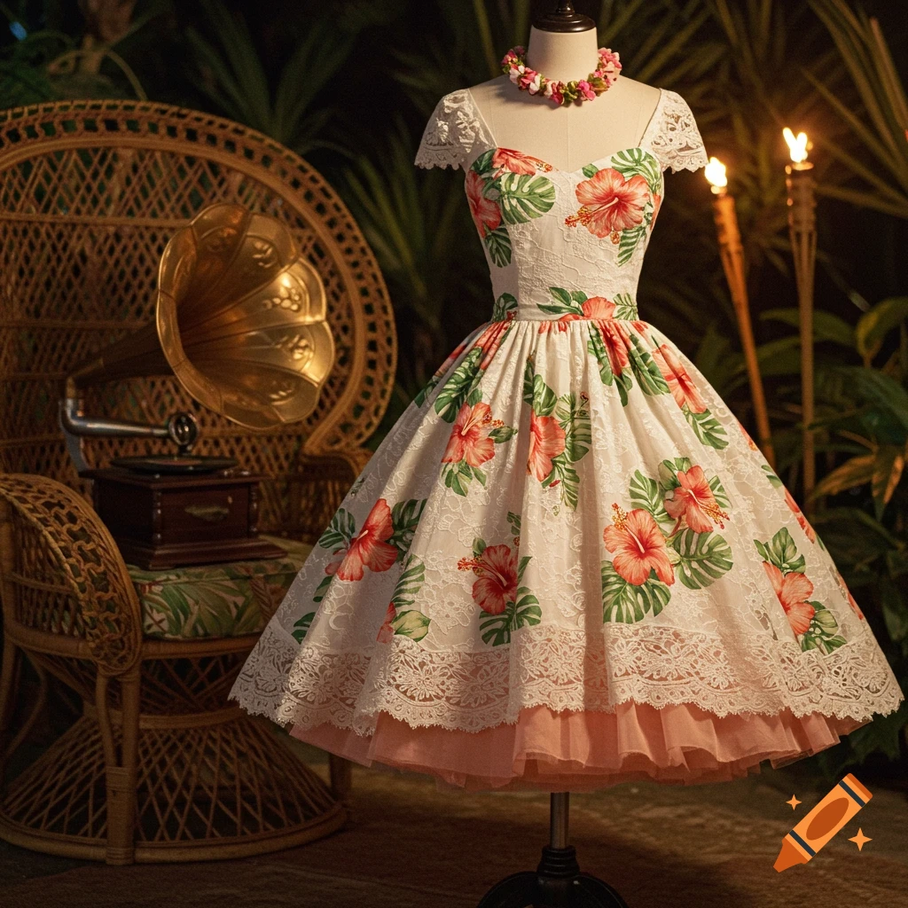 Photorealistic 1950s Hawaiian cocktail dress with hibiscus and lace on a mannequin in a tropical setting.