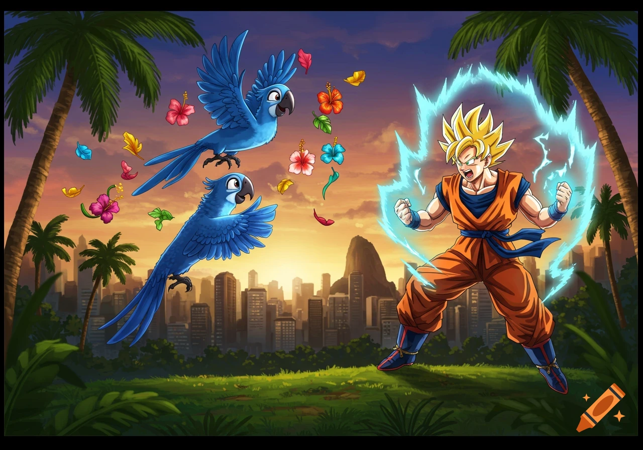Cartoon blue macaws (Blu and Jewel) from Rio flying with flowers towards Super Saiyan Goku powering up over a sunset city skyline.