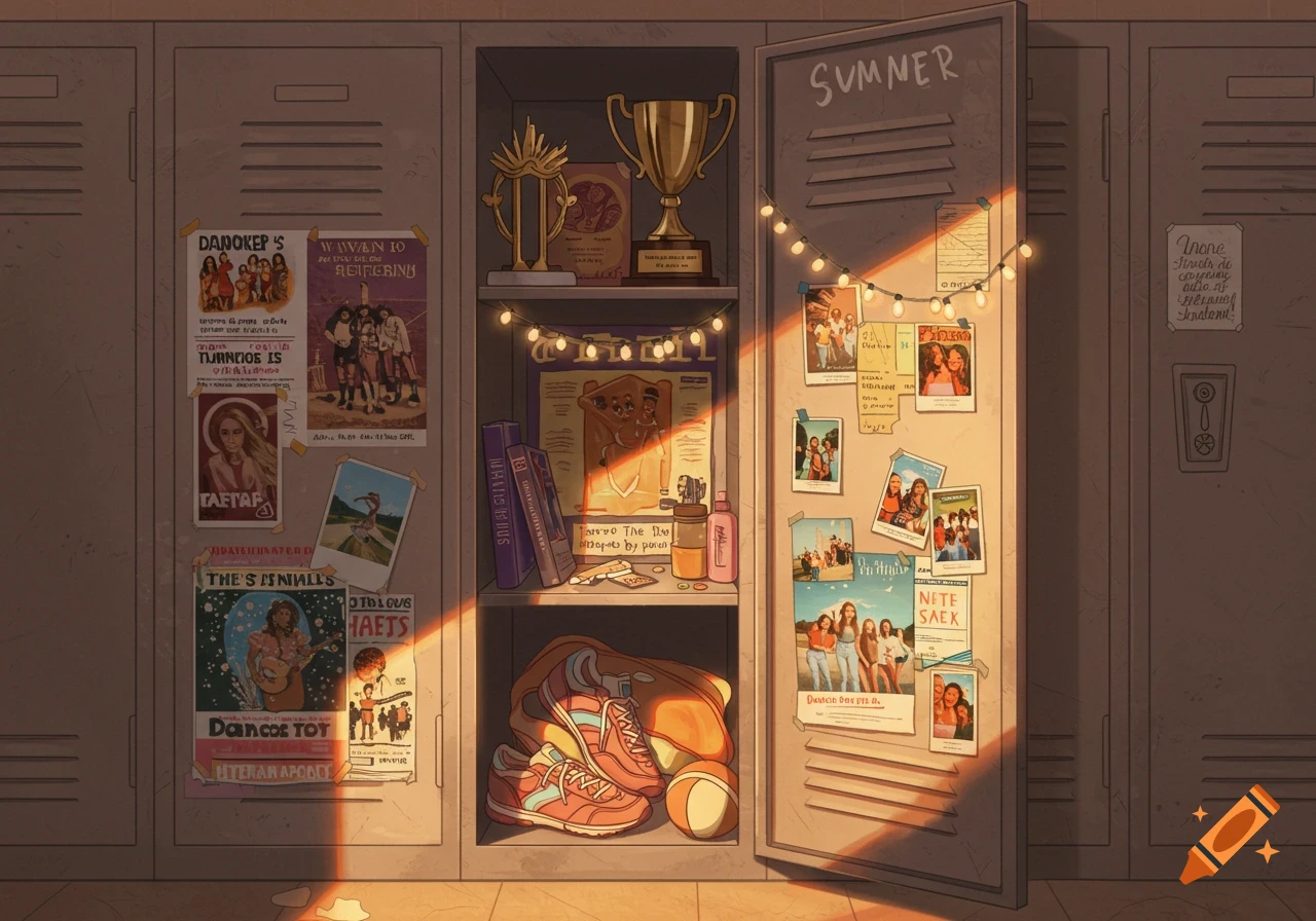 An illustrated school locker, bathed in warm sunlight, filled with posters, trophies, shoes, books, and photos, depicting a student's interests and memories.