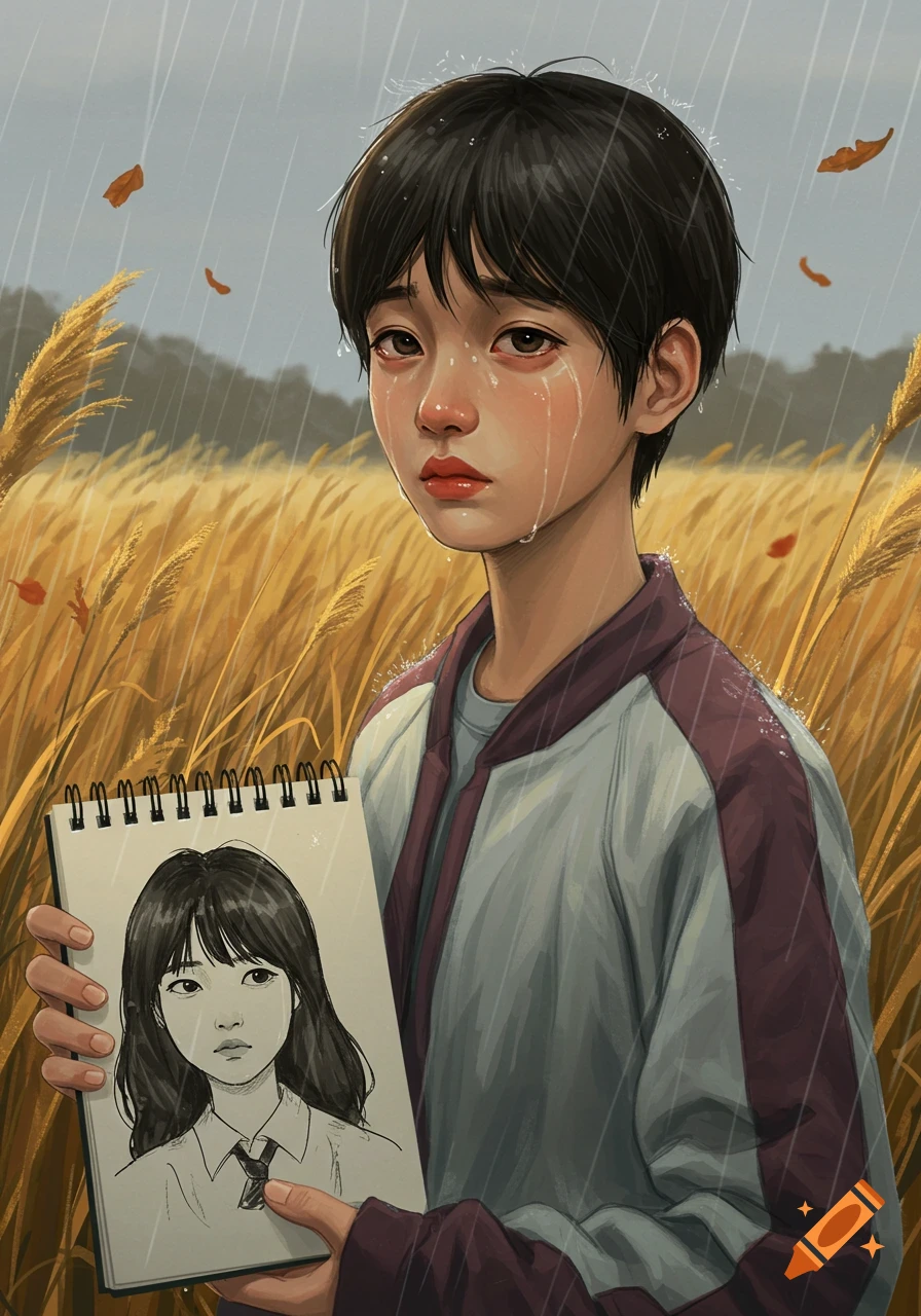 A crying boy in an anime art style stands in a rainy reed field, holding a sketchbook with a drawing of a girl.