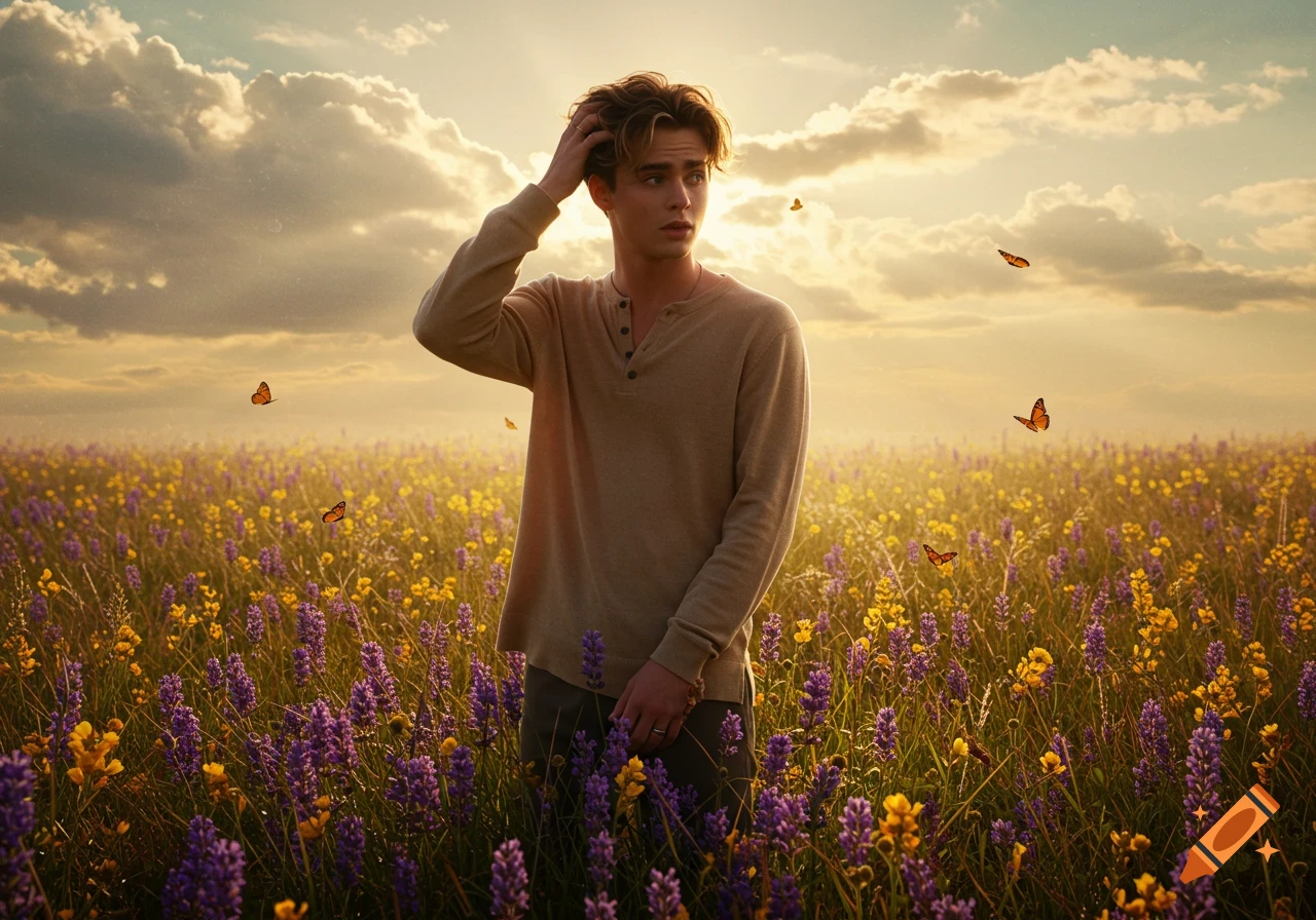 Young man with hand in hair in a field of purple and yellow wildflowers at sunset with butterflies, photorealistic style.