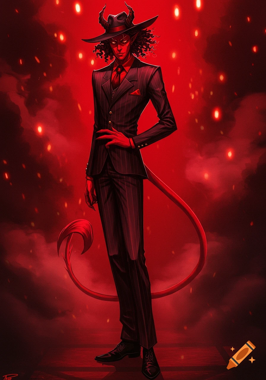 A full-body portrait of a red-skinned demon with horns and a long tail, wearing a pinstripe suit and fedora, against a fiery red background.