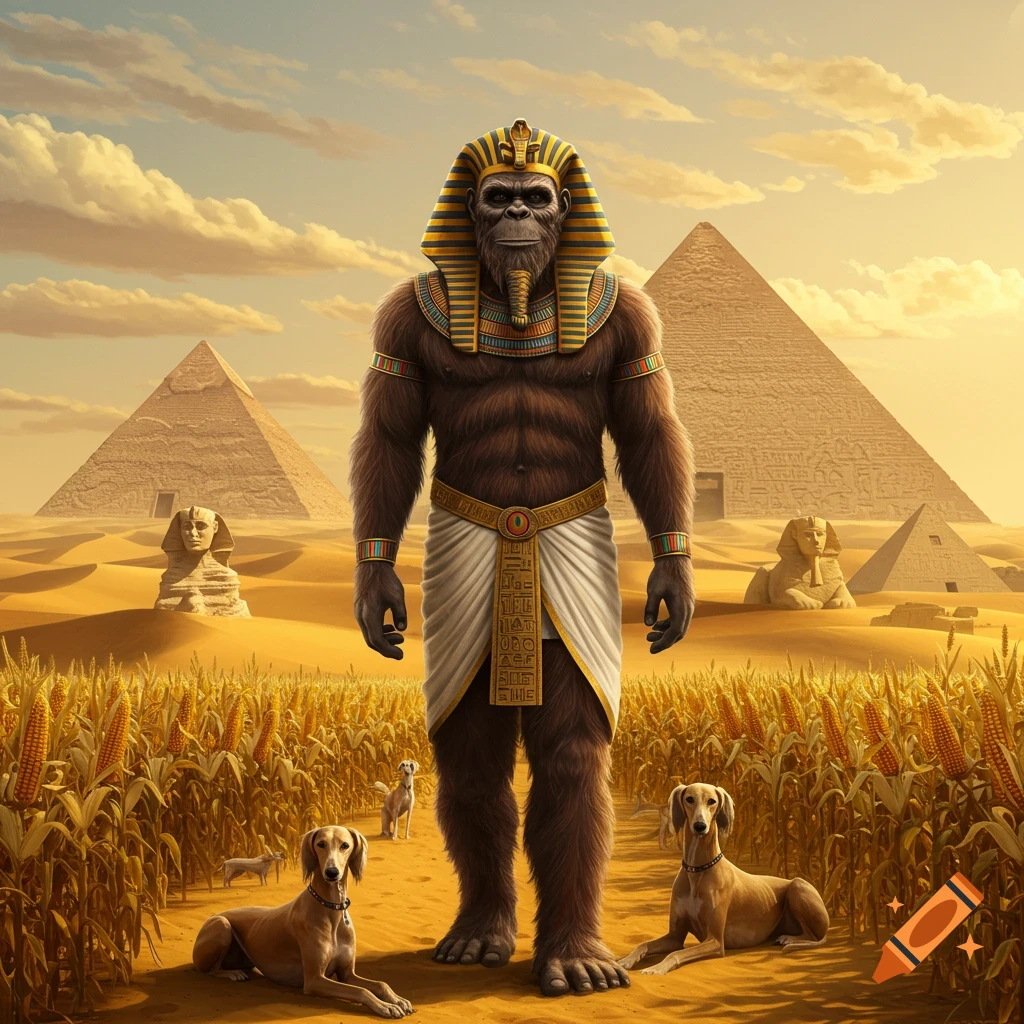 A photorealistic image of a Sasquatch pharaoh standing in an Egyptian desert landscape with pyramids, sphinxes, saluki dogs, and corn stalks.