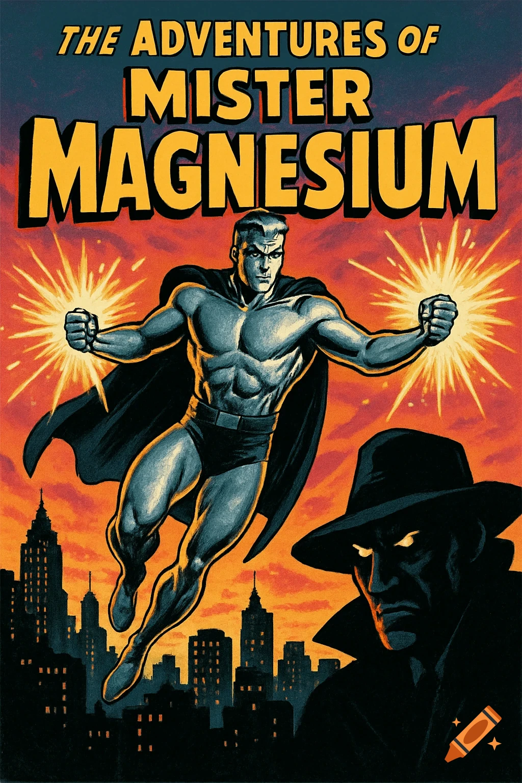 A vintage comic book cover titled 'The Adventures of Mister Magnesium' depicts a superhero flying over a city with a cloaked figure.