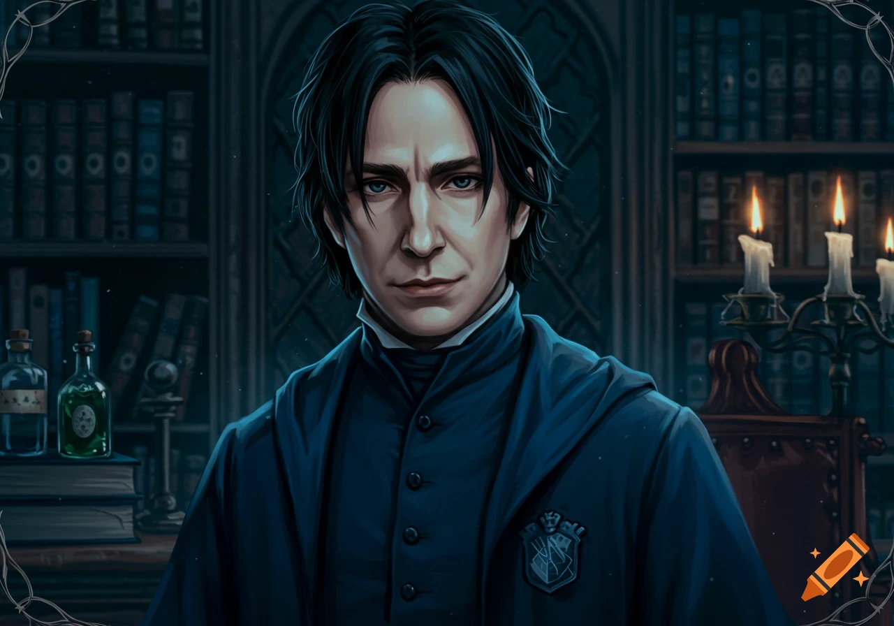 A handsome man with dark hair and blue eyes, wearing a dark blue robe, stands in a dimly lit magical library.