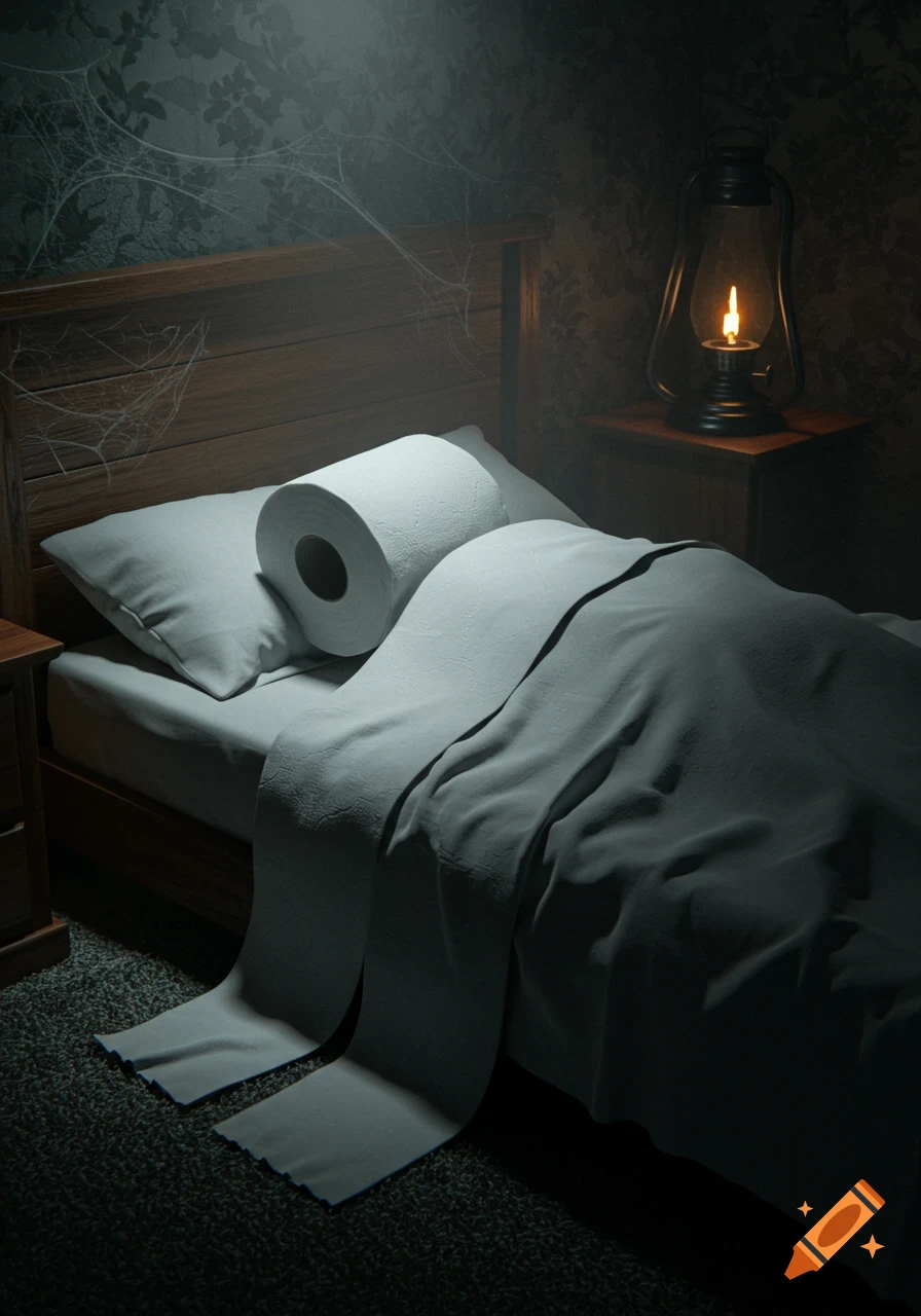 A roll of toilet paper under a blanket in a spooky, dimly lit bedroom with spiderwebs.