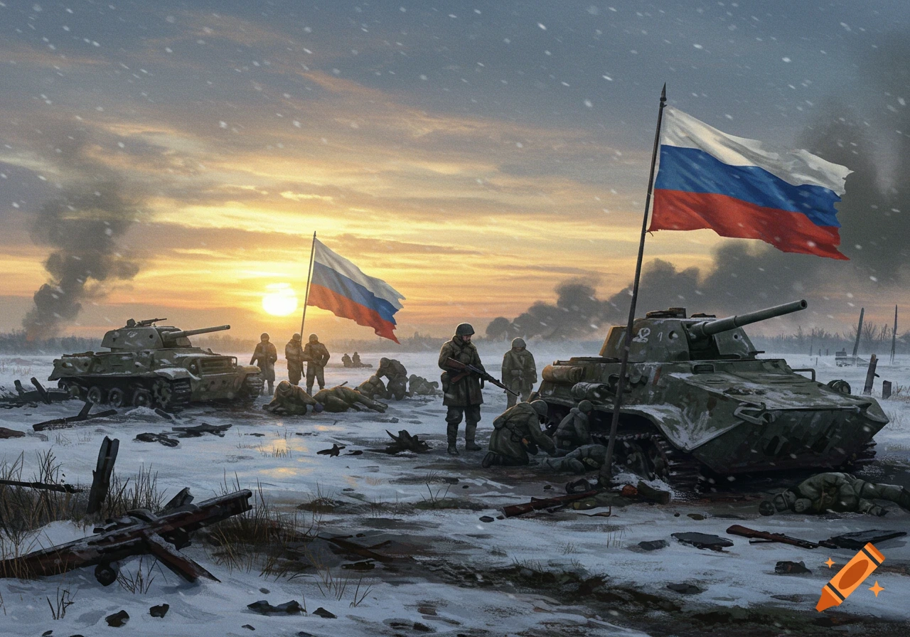 Painterly image of soldiers and tanks with Russian flags in a snowy, desolate landscape at sunset, depicting a battle scene.