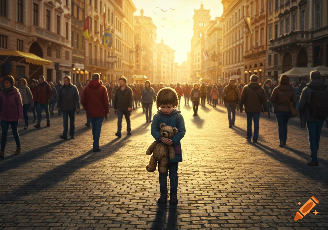 A lonely child clutching a teddy bear stands in a bustling, sunlit cobblestone street amidst blurred crowds.