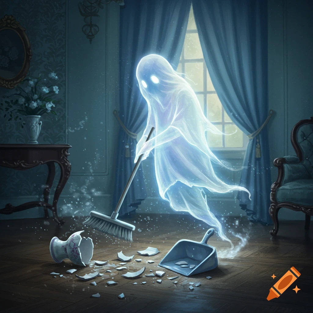 An ethereal ghost with glowing eyes sweeps up pieces of a broken vase with a broom and dustpan in a dimly lit, elegant room.