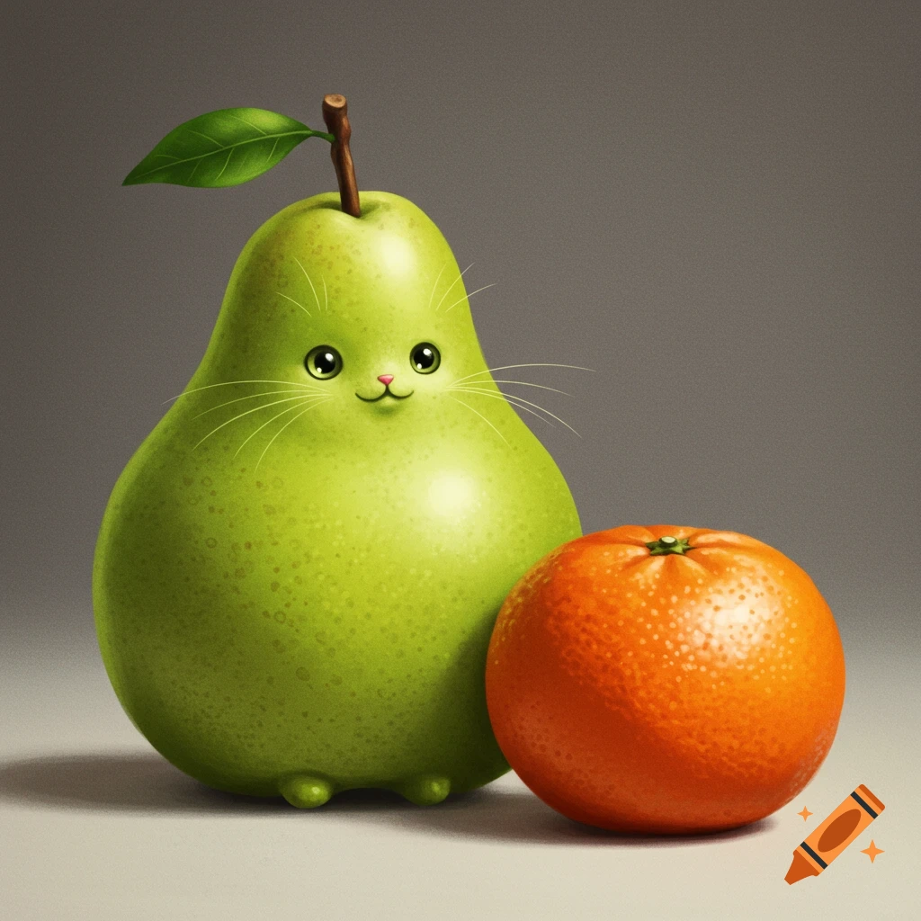 A cute green pear shaped like a cat with a smiling face and whiskers stands next to a small orange on a gray background.