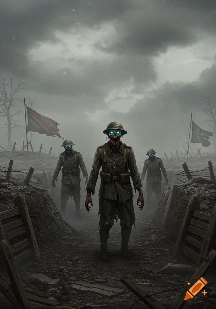 Three menacing zombie soldiers with glowing eyes in a muddy WWI trench battlefield under a dark, stormy sky.