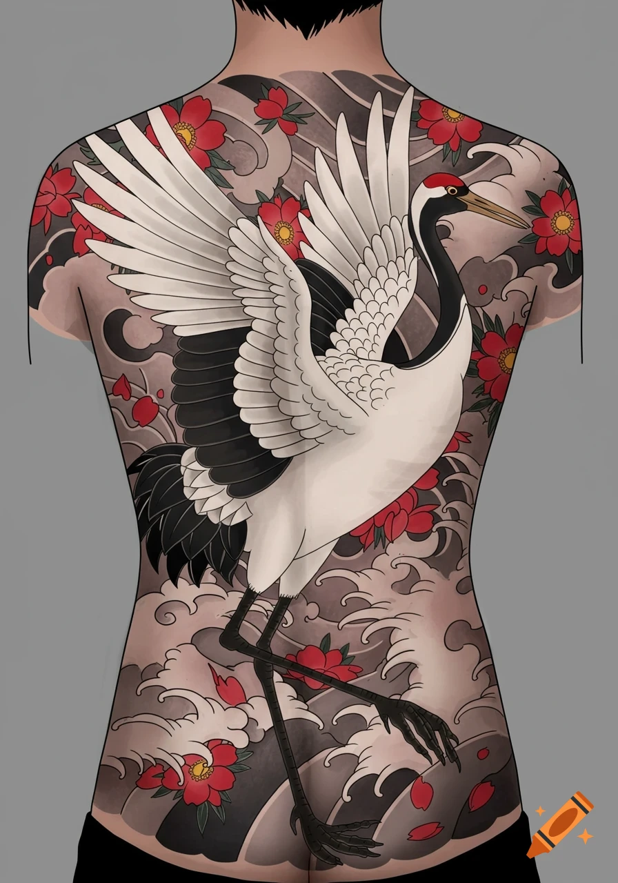 A stylized full back tattoo of a white Japanese crane with spread wings, surrounded by red flowers and grey traditional wave patterns.