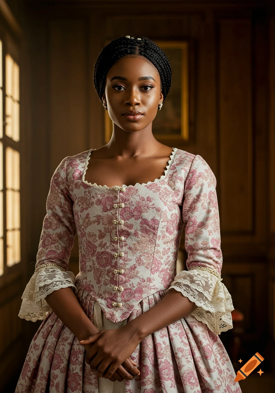 A young Black woman in a pink and white floral colonial gown with lace sleeves, hands clasped, looking directly at the viewer.