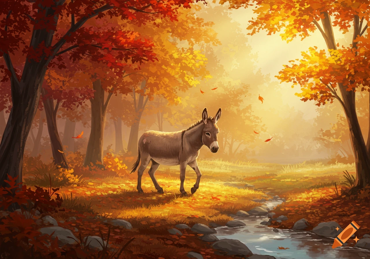 A gray donkey walks through a sun-dappled autumn forest with red and orange leaves and a small stream.