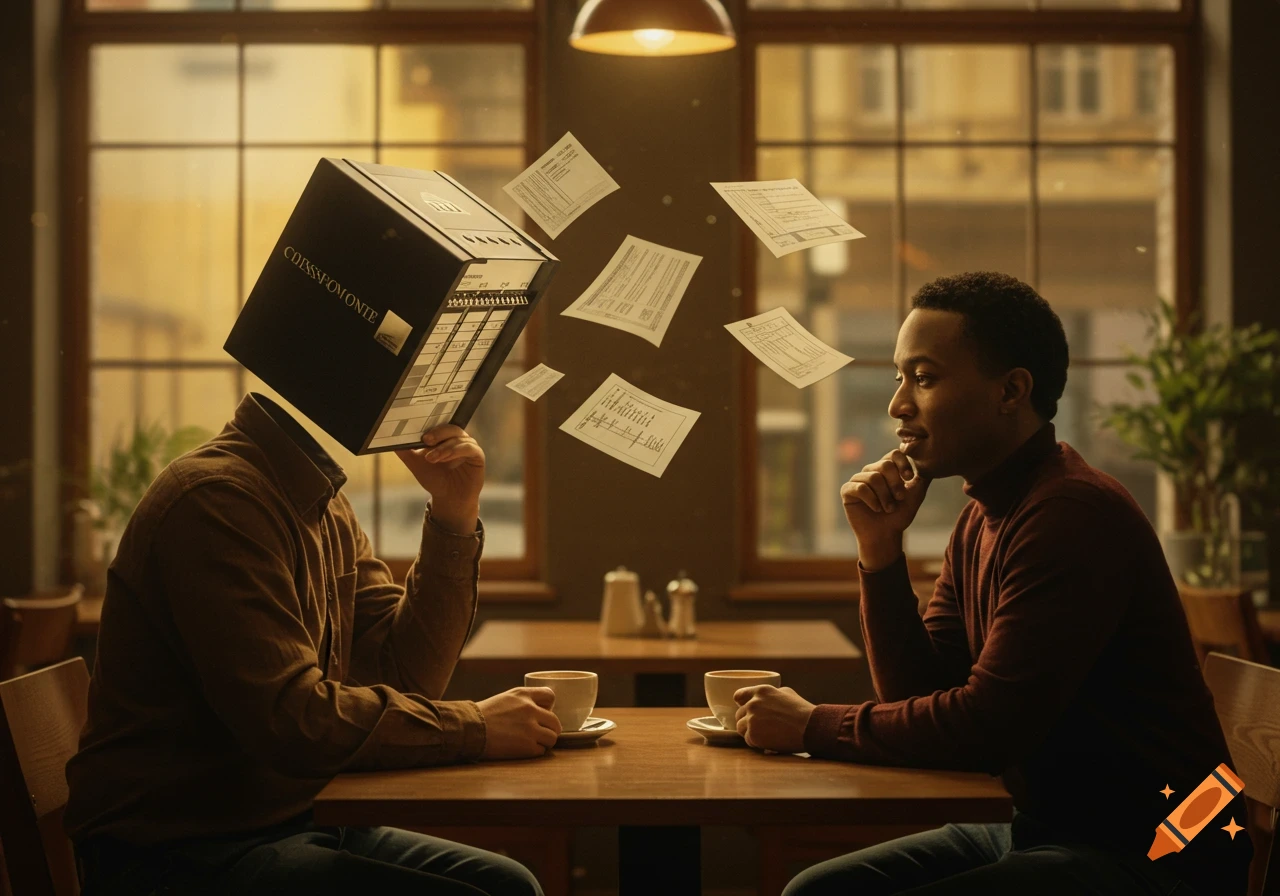 A man with a Rolodex for a head sits opposite another man in a cafe, papers float between them, photorealistic.