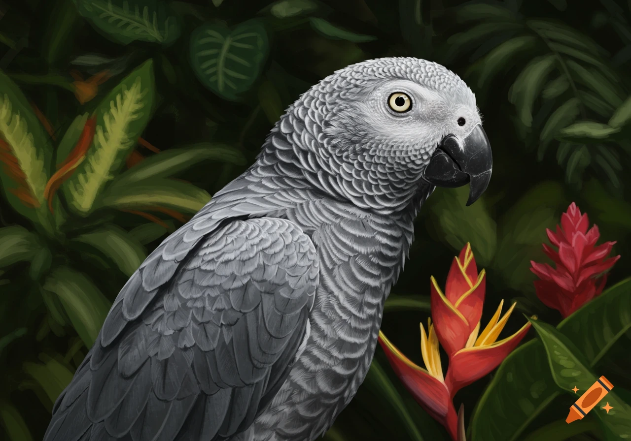 Digital painting of an African Grey Parrot with yellow eyes, in profile, surrounded by lush green foliage and red tropical flowers.