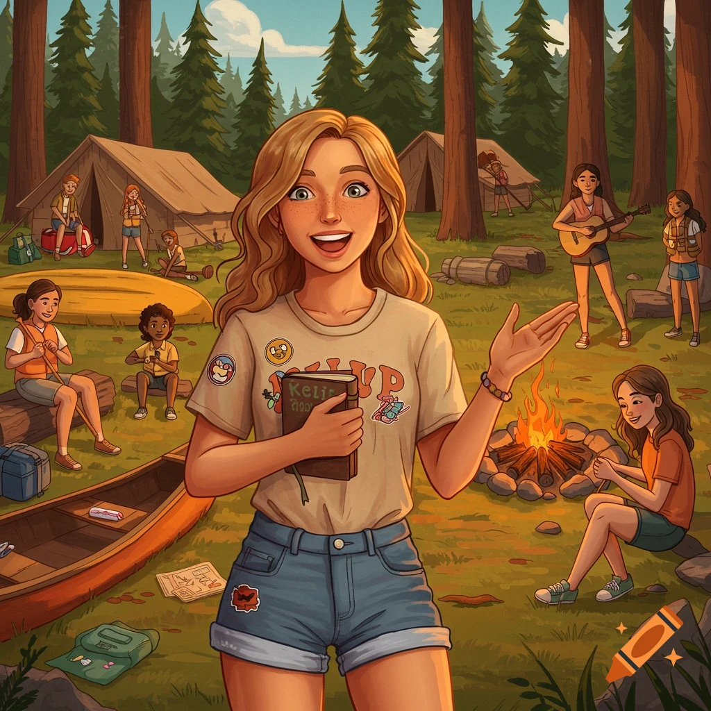 An illustration of a blonde girl smiling at a summer camp, holding a book, with other campers, tents, a campfire, and a canoe in the background.