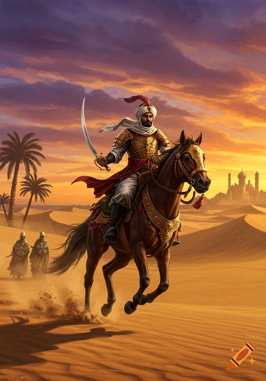 Digital painting of an armored warrior on horseback with a sword, riding through a golden desert at sunset with a distant city.