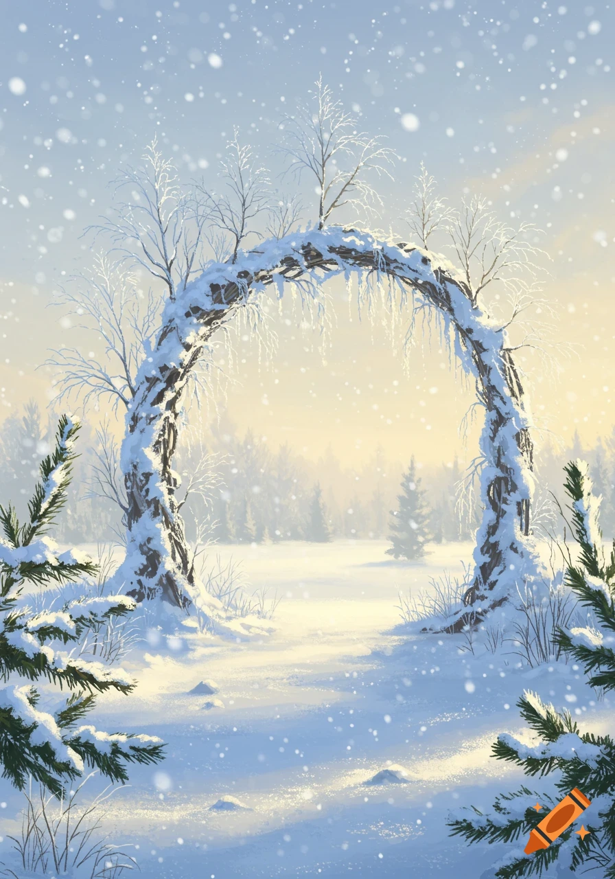 A serene winter landscape with a snow-covered archway made of twisted branches, surrounded by snow-dusted trees under a soft, snowy sky.