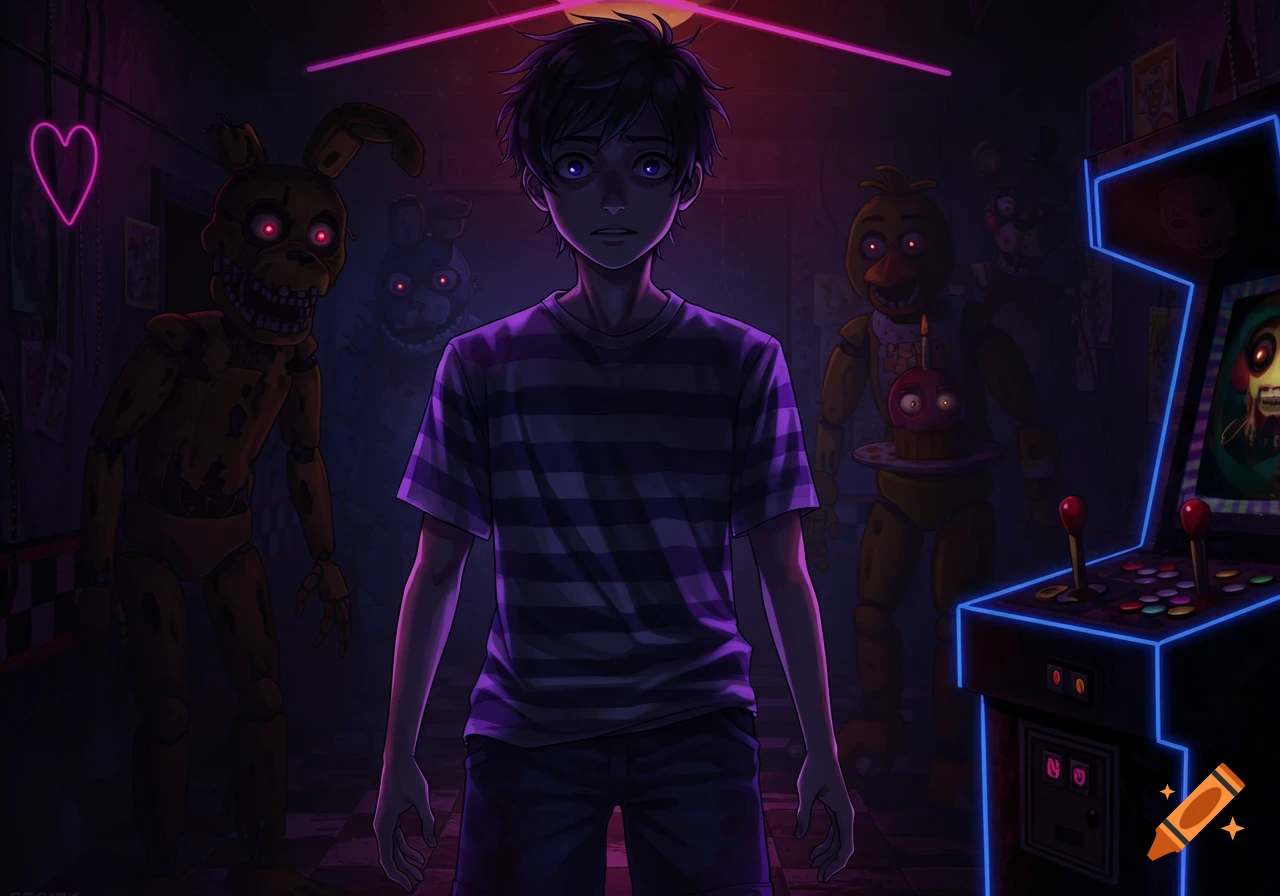 Anime boy in a dark arcade with glowing animatronic FNAF characters, neon lights.