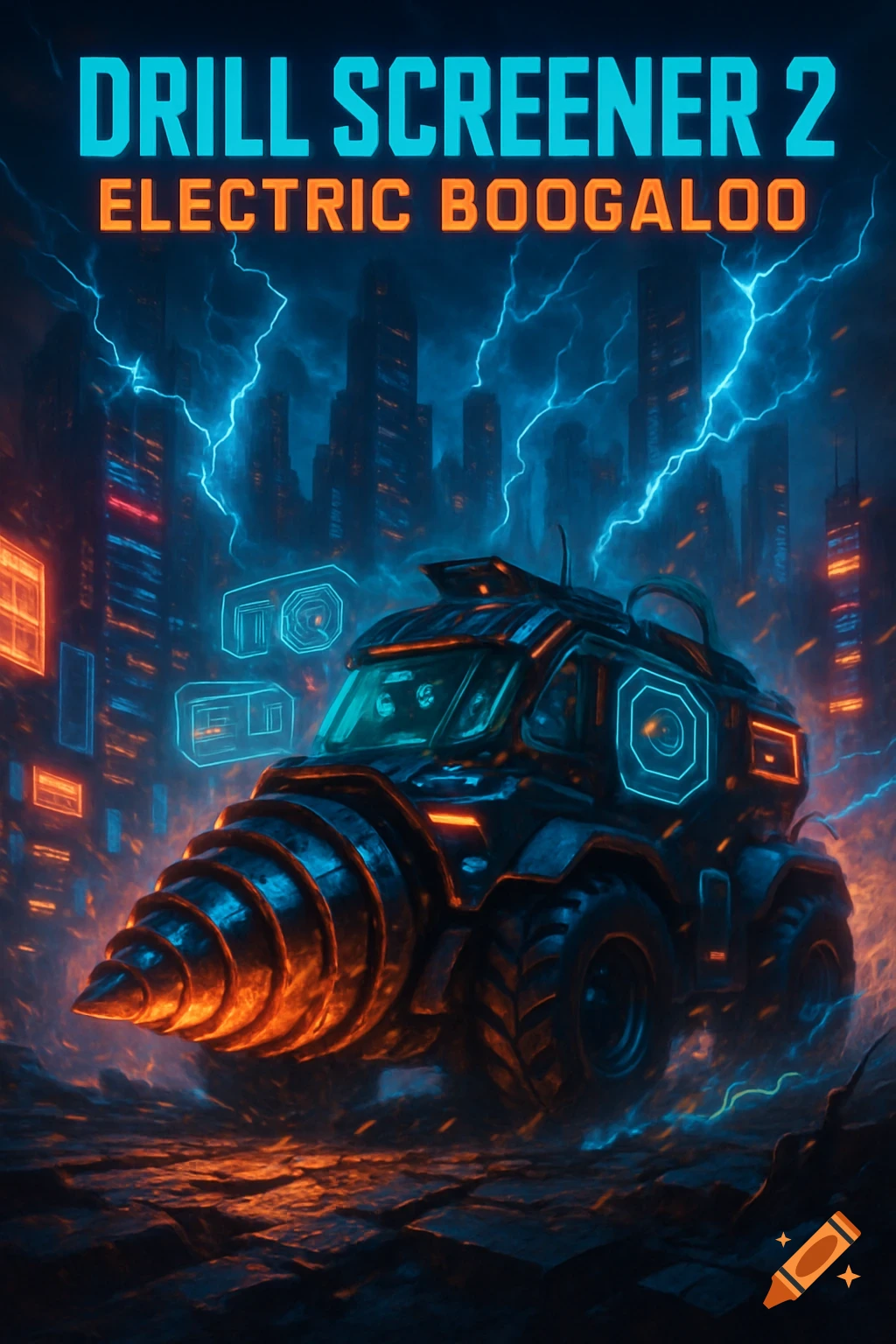 A futuristic drilling vehicle with glowing accents in a dark, lightning-filled cyberpunk city. Text: DRILL SCREENER 2 ELECTRIC BOOGALOO.