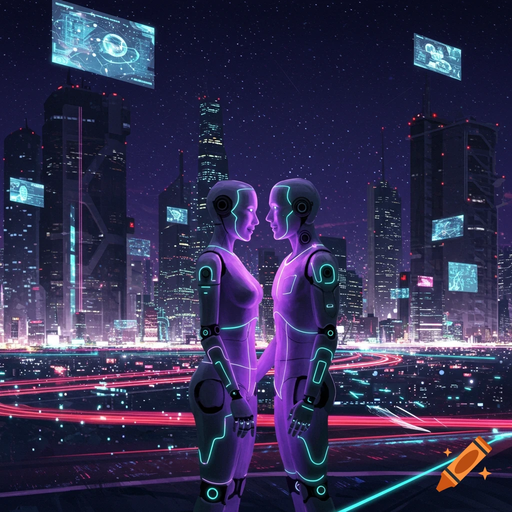 Two glowing humanoid robots face each other in a vibrant neon-lit futuristic city at night, with holographic displays.