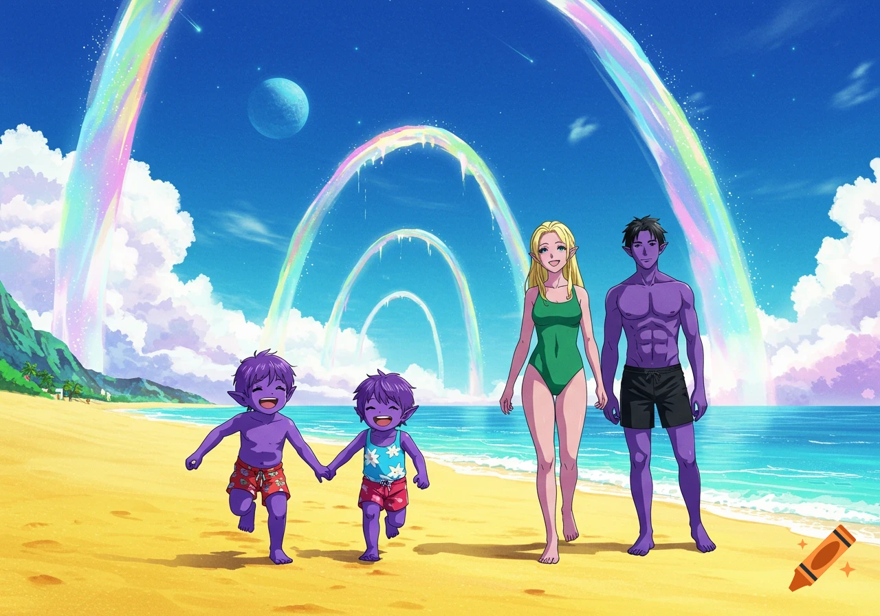 Anime family with purple-skinned father and children, and blonde mother, on an interdimensional beach with rainbow arches and a planet in the sky.