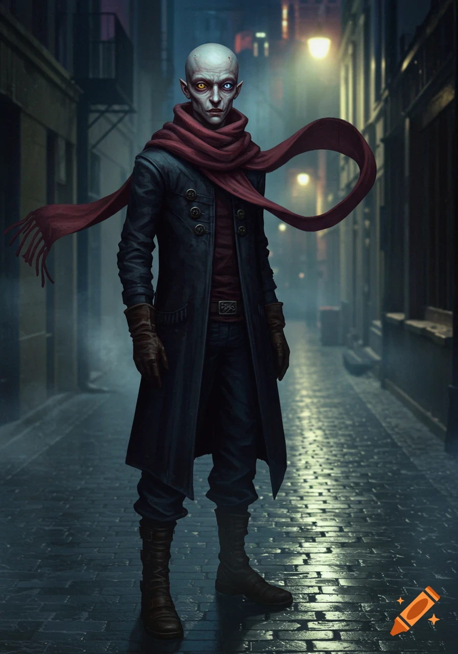A bald, pale-skinned, wiry character with heterochromatic eyes and pointed ears, wearing a flowing red scarf and a dark long coat, stands in a misty, cobbled alley at night.