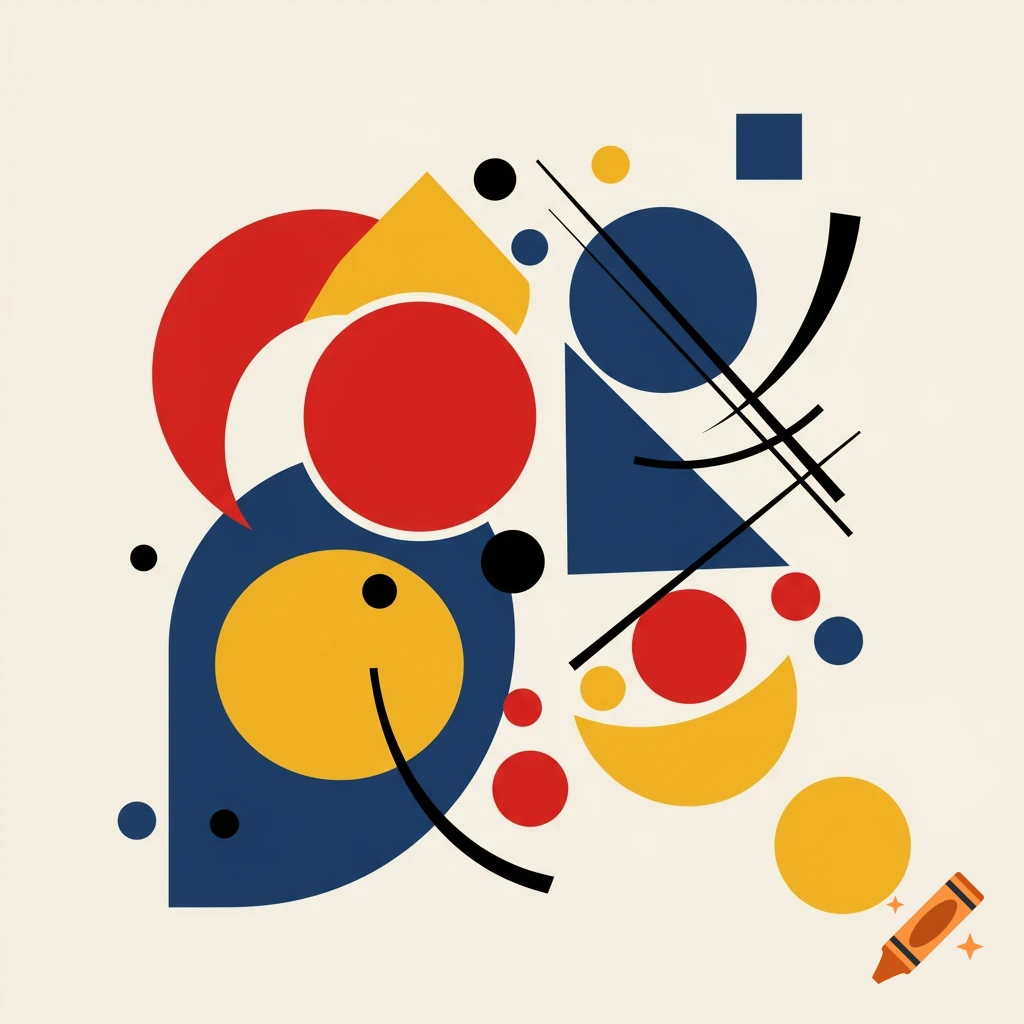 Dynamic abstract composition of red, yellow, and blue geometric and organic shapes with black lines on a light background.