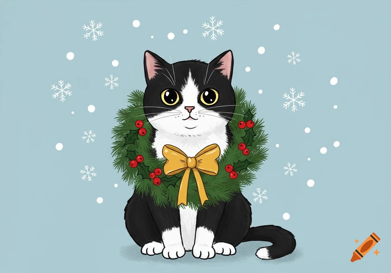 Cartoon tuxedo cat wearing a Christmas wreath with a gold bow, sitting under falling snowflakes on a light blue background.