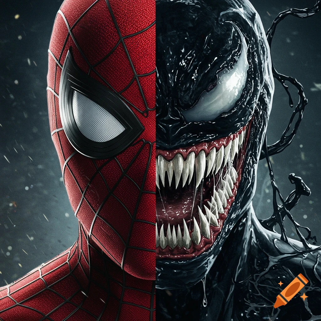 Photorealistic split portrait showing Spider-Man's red and blue masked face on the left and Venom's black, fanged, open-mouthed face on the right.