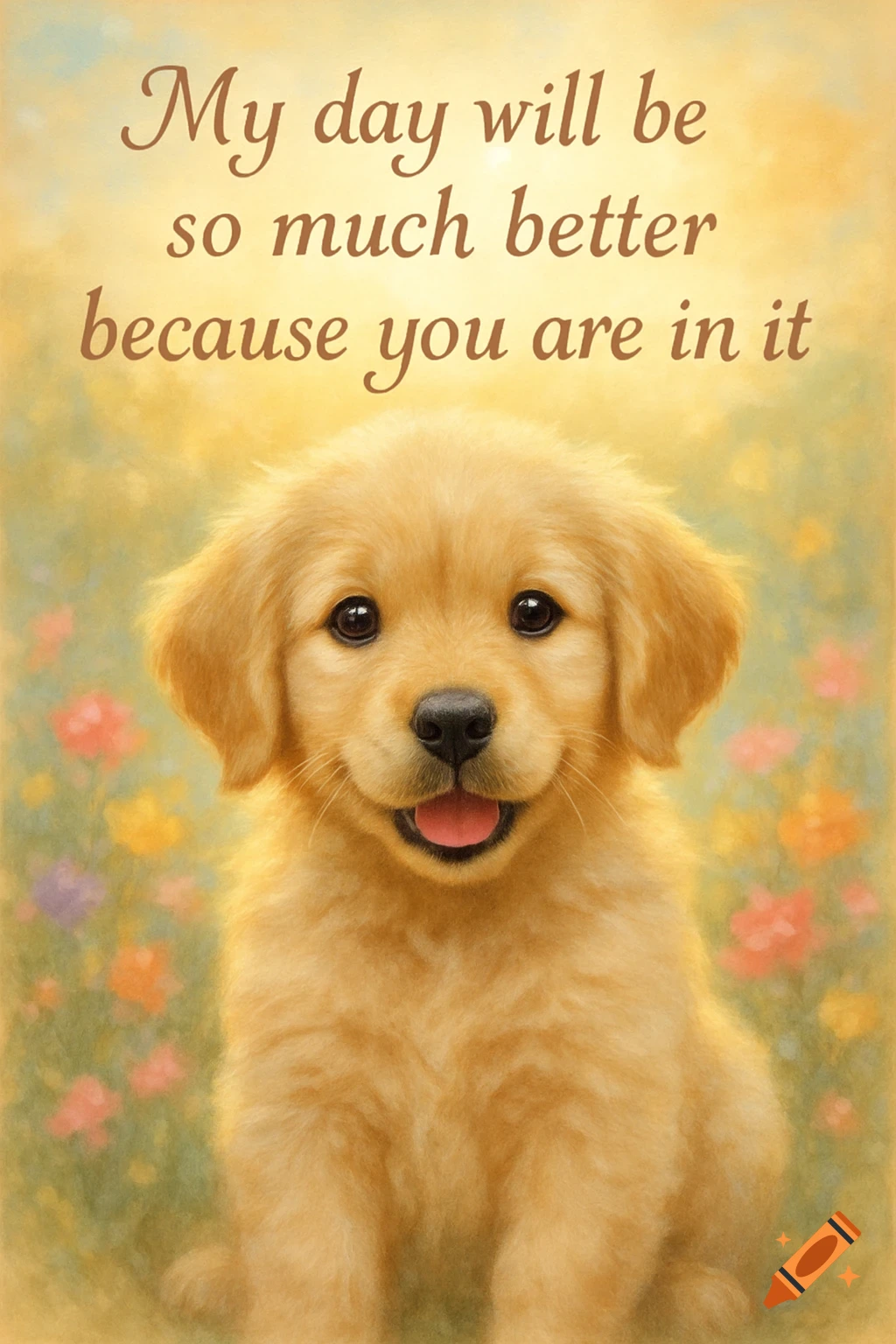A cute golden retriever puppy smiles, with the text "My day will be so much better because you are in it" in a painterly style.