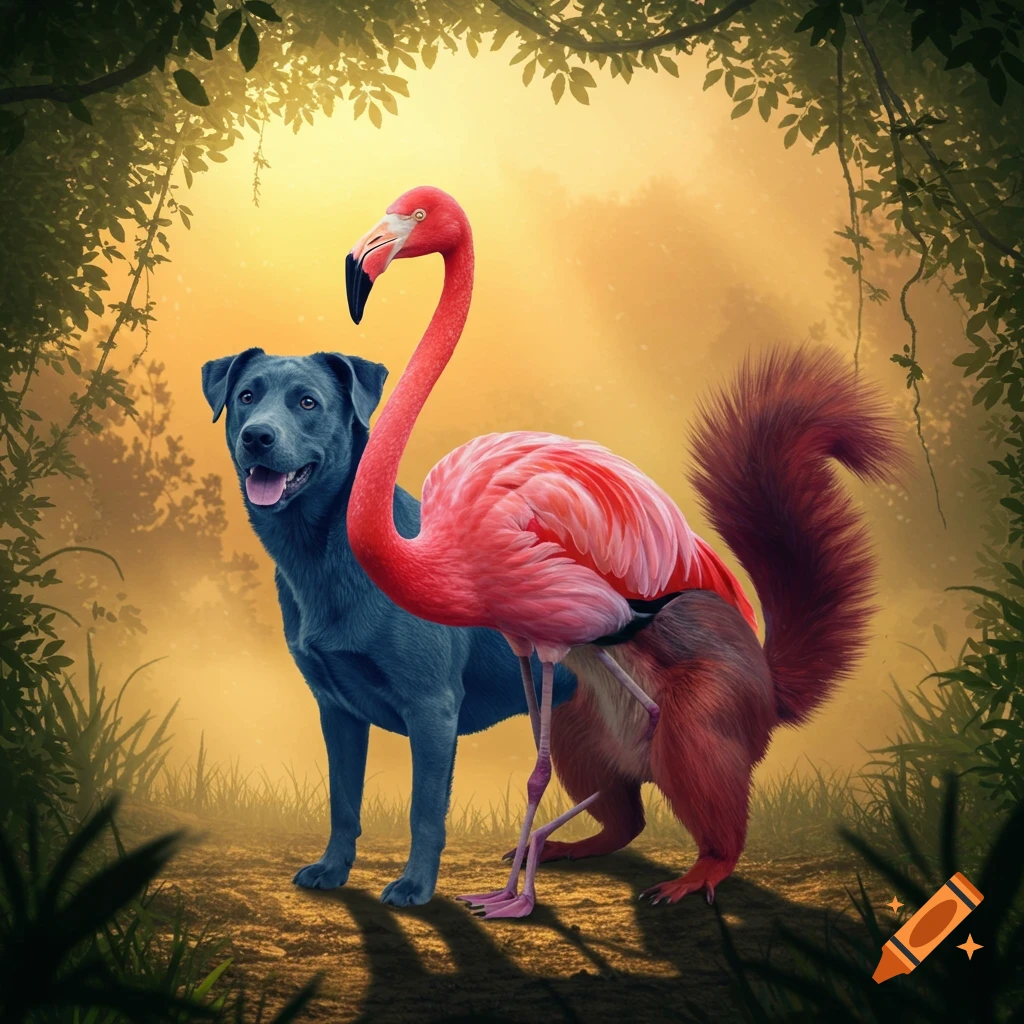 A blue dog stands behind a fantastical creature with a pink flamingo body and a red squirrel's lower body and bushy tail in a sunlit jungle.