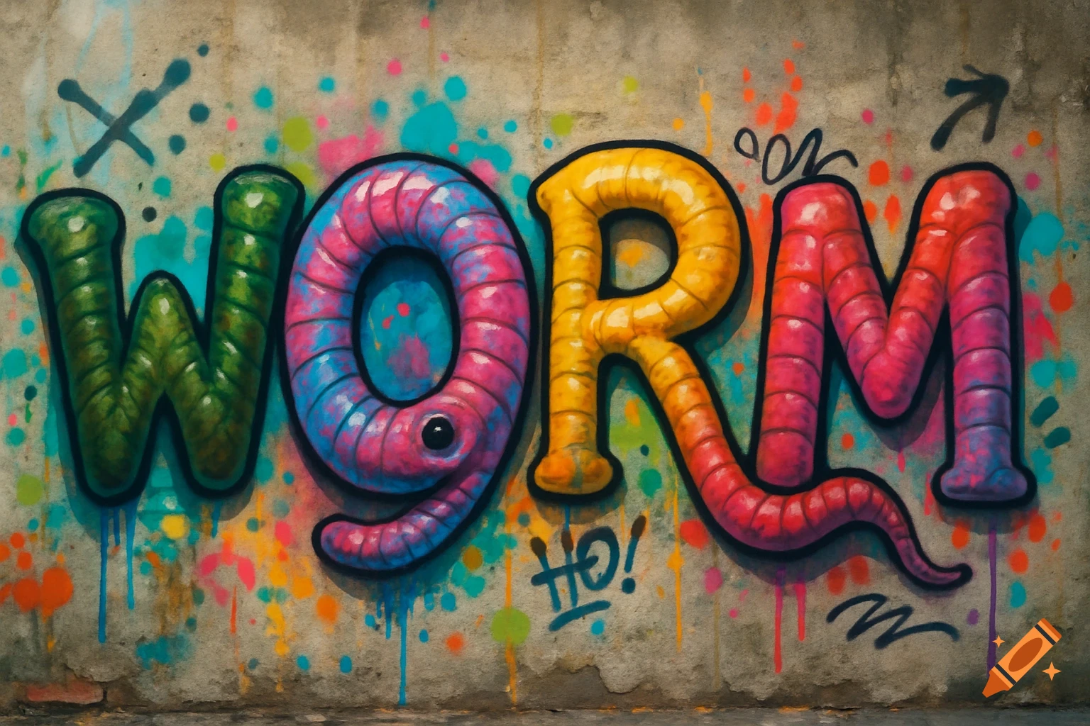 Colorful graffiti on a concrete wall spells the word "WORM", with each letter stylized to look like a worm.
