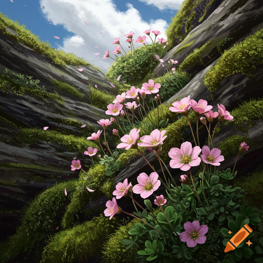 Vibrant illustration of pink flowers and lush green moss clinging to dark rocky cliffs under a blue sky with white clouds.