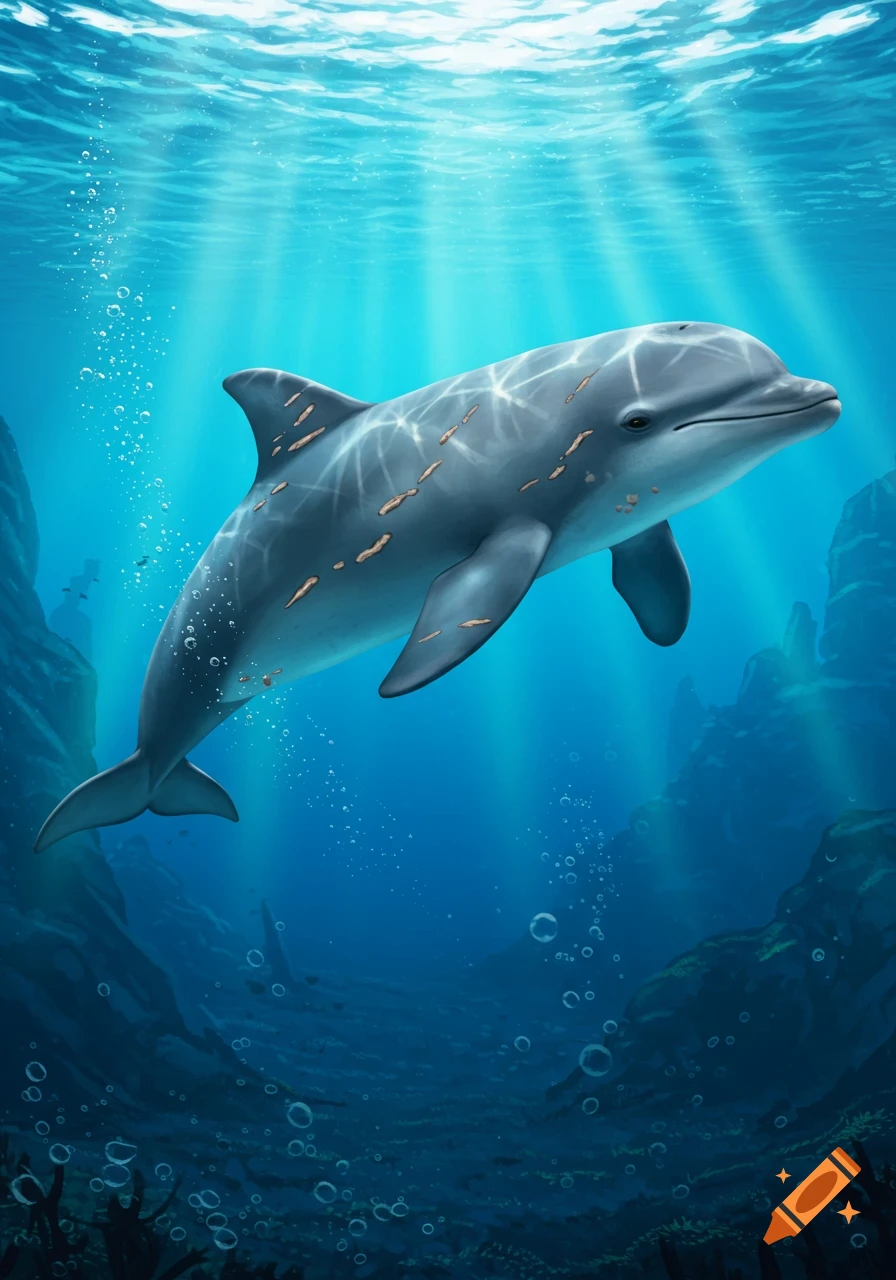 An illustration of a dolphin with skin lesions swimming underwater, illuminated by sun rays filtering from above.