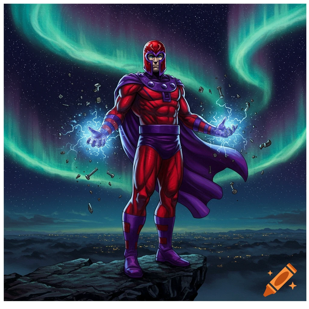 Comic book illustration of Magneto standing on a rock, hands emitting blue energy, with aurora and city lights in the night sky.
