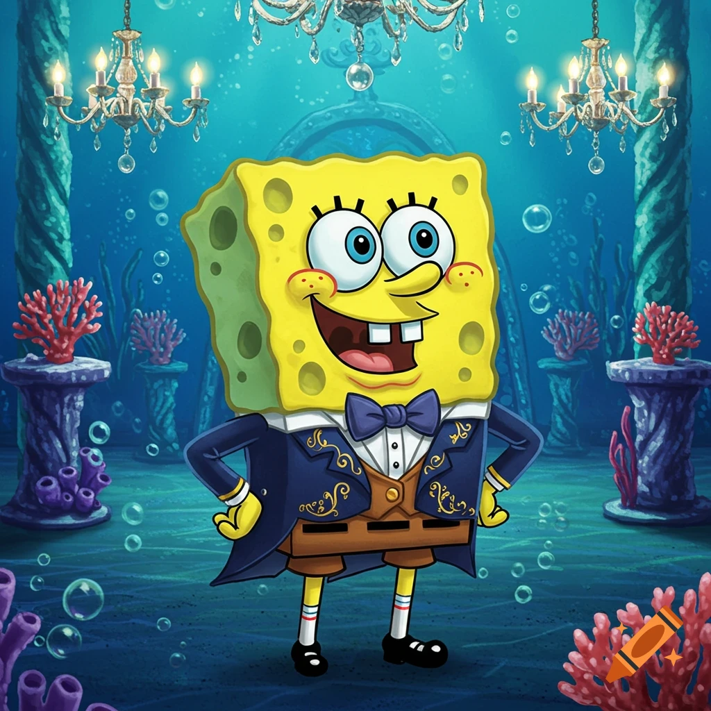 Spongebob Squarepants in a fancy blue and gold suit and bow tie, standing in an ornate underwater ballroom with chandeliers.