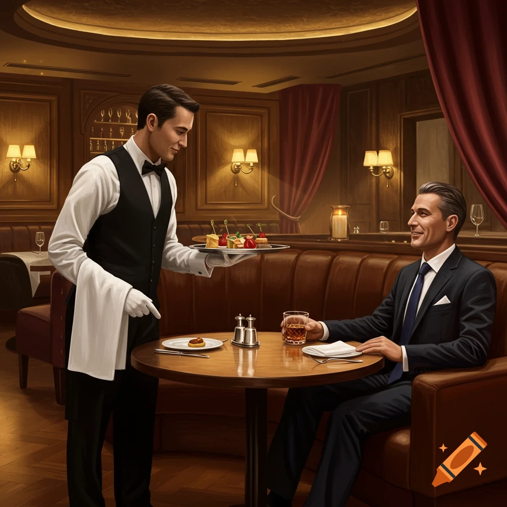 A waiter presents a tray of appetizers to a man seated at a table with a drink in a luxurious, photorealistic restaurant.