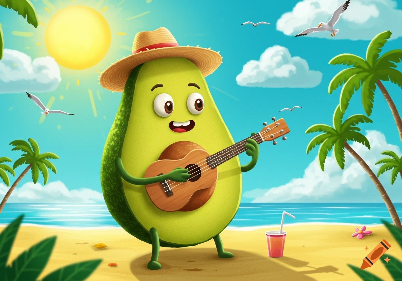 A happy cartoon avocado character wearing a straw hat plays a ukulele on a sunny tropical beach with palm trees and seagulls.