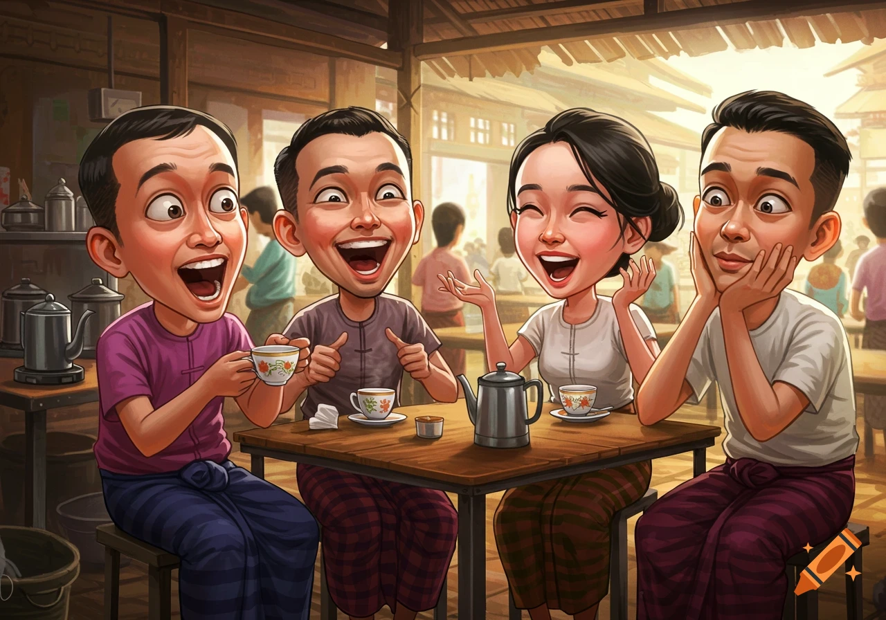 Humorous caricature of four people with exaggerated expressions chatting and laughing in a bustling Myanmar teashop, drinking tea.